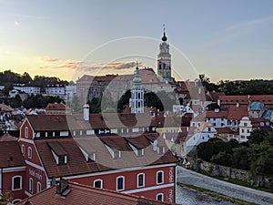 View of the town of Cesky Krumlov with the State Castle and Chateau in the background