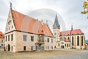 View at the Town hall place with Basilica of St.Aegidius and Town hall in Bardejov, Slovakia