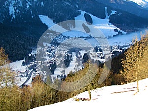 View of the town of Kranjska gora in winter in Gorenjska, Slovenia