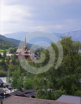 View of the town of Lom and Lom Stave Church Norway