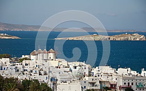 View of the town of Mykonos and windmills