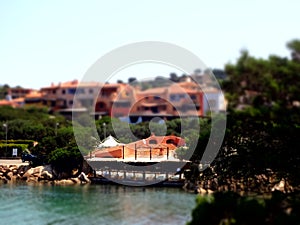 View of Town Porto Cervo, Island Sardinia, Italy, Europe. Sea, Bay and Houses Tilt Shift