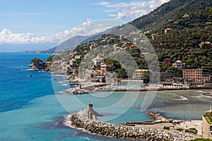 View of town of Recco and Ligurian coast, Genoa Province, Italy