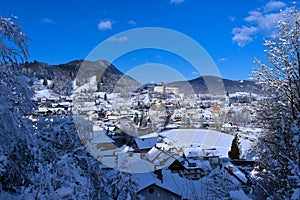 View of the town of Skofja Loka and the castle above in Gorenjska, Slovenia