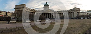 View of the town square near the Kazan Cathedral at sunset. Spring. Saint-Petersburg. Russia.