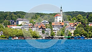 View on the town of Starnberg with lake Starnberger See in the foreground