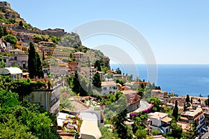 View on town Taormina from Castelmola, Sicily photo
