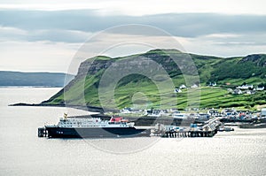 View of the town Uig with it`s harbour connection to the outer hebrides