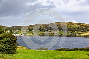 View of the town Uig with it's harbour connection to the outer Hebrides