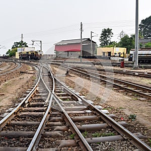 View of Toy train Railway Tracks from the middle during daytime near Kalka railway station in India, Toy train track view, Indian photo
