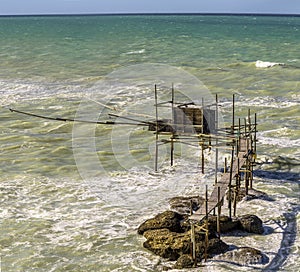 View of a trabucco, an ancient fishing machine typical of the southern Adriatic coast in Italy