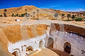 View of traditional berber bedouin house in Sahara desert in Tunisia