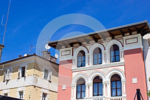 View of traditional colorful croatian houses in the old town of Porec also called Parenzo, Croatia