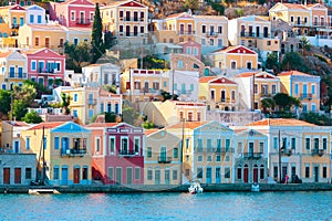 View of traditional colorful houses on Symi island, Greece, Dodecanese