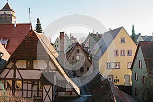 A view of the traditional German houses and roofs in Rothenburg ob der Tauber in Germany. European city.