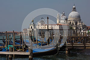 View of traditional Gondolas on Canal Grande with historic Basilica di Santa Maria della Salute