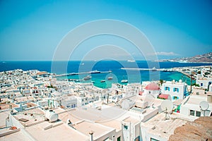 View of traditional greek village with white houses on Mykonos Island, Greece,