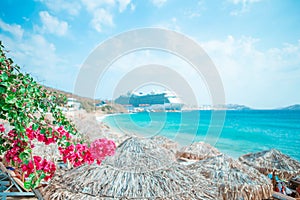 View of traditional greek village with white houses on Mykonos Island, Greece,