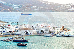 View of traditional greek village with white houses on Mykonos Island, Greece,