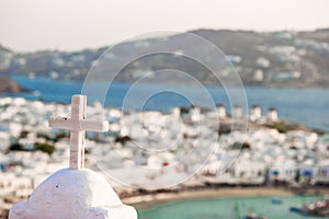 View of traditional greek village with white houses on Mykonos Island, Greece,