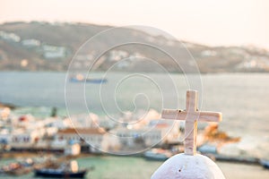 View of traditional greek village with white houses on Mykonos Island, Greece,