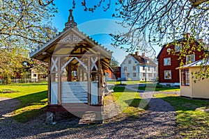 View of traditional timber houses in the old town Gamla Linkoping, Sweden