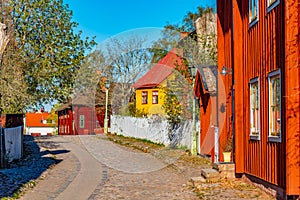 View of traditional timber houses in the old town Gamla Linkoping, Sweden