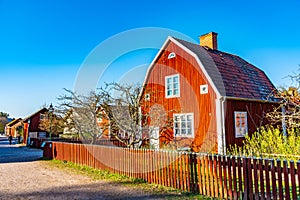 View of traditional timber houses in the old town Gamla Linkoping, Sweden