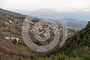 View of a traditional village with stone houses in Greece