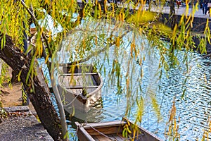 View of traditional wooden boat docked on the river bank