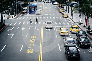 View of traffic on Songzhi Road, in the Xinyi District, Taipei,