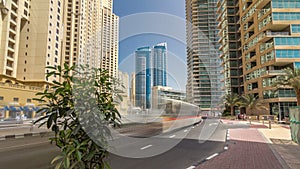 A view of traffic on the street at Jumeirah Beach Residence and Dubai marina timelapse hyperlapse, United Arab Emirates.