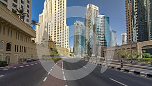 A view of traffic on the street at Jumeirah Beach Residence and Dubai marina timelapse hyperlapse, United Arab Emirates.