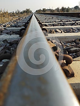 View of the train tracks in the middle of the forest outside the city