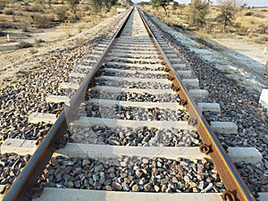 View of the train tracks in the middle of the forest outside the city