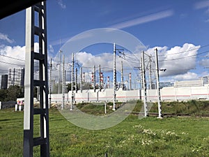 View from the train window to the railway.