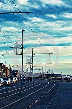 View of the tram rails in Blackpool