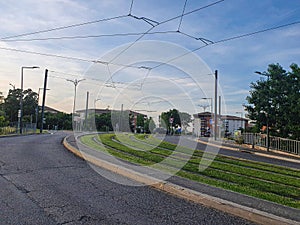 view of tram railway and buildings in the city of toulouse, France