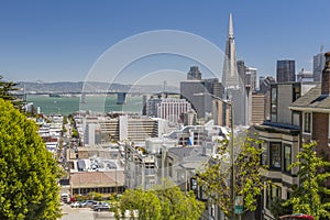 Transamerica Pyramid building and Oakland Bay Bridge, San Francisco