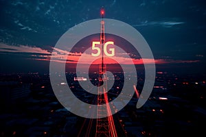 View of transmitter post with glowing lighting digital interface. Generative AI.