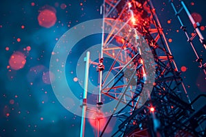 View of transmitter post with glowing lighting digital interface. Generative AI.