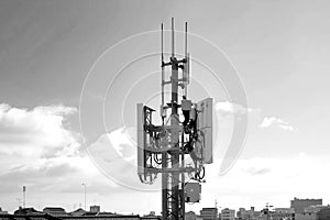 View of transmitter post with glowing lighting digital interface. Generative AI.