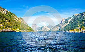 View of Traunsee and the surrounding landscape. Idyllic nature by the lake in Styria