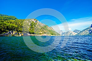 View of Traunsee and the surrounding landscape. Idyllic nature by the lake in Styria