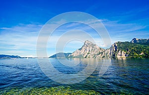 View of Traunsee and the surrounding landscape. Idyllic nature by the lake in Styria