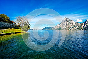 View of Traunsee and the surrounding landscape. Idyllic nature by the lake in Styria