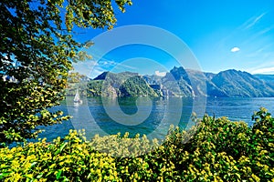 View of Traunsee and the surrounding landscape. Idyllic nature by the lake in Styria