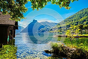 View of Traunsee and the surrounding landscape. Idyllic nature by the lake in Styria