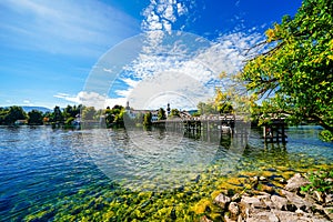 View of Traunsee and the surrounding landscape. Idyllic nature by the lake in Styria