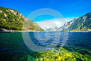 View of Traunsee and the surrounding landscape. Idyllic nature by the lake in Styria